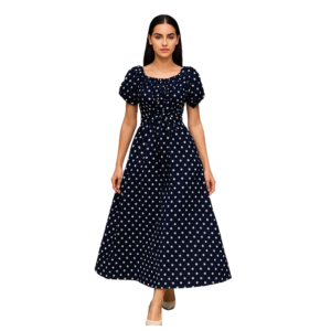 “Navy blue polka dot dress women – ruffled sleeves – Jhanvi Fashion”