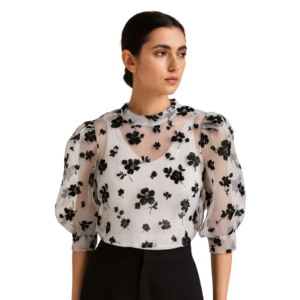 “Sheer floral embroidered top with puff sleeves women – Jhanvi Fashion”