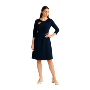 “Dark blue asymmetrical floral detail dress women – edgy chic style – Jhanvi Fashion”