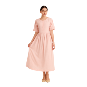 “Soft pink button-down dress women – gathered waist relaxed fit – Jhanvi Fashion”