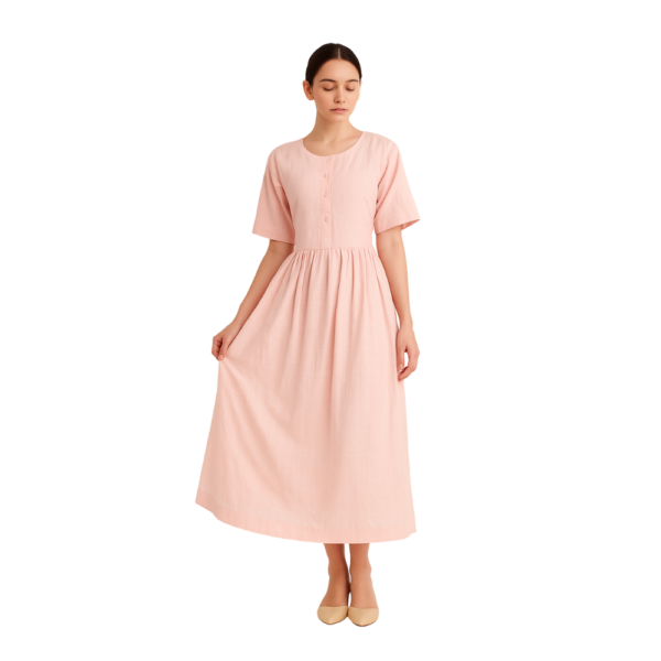 “Soft pink button-down dress women – gathered waist relaxed fit – Jhanvi Fashion”
