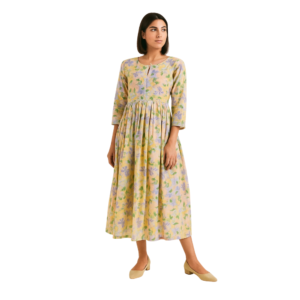 “Flowy floral print dress three-quarter sleeves women – Jhanvi Fashion”