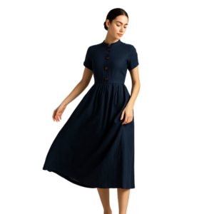 “Deep blue button-down midi dress women – asymmetrical hem – Jhanvi Fashion”