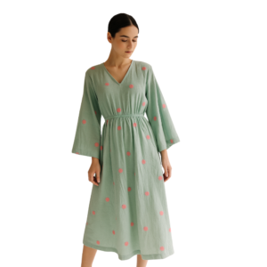 “Light blue embroidered midi dress women – V-neck with bell sleeves – Jhanvi Fashion”
