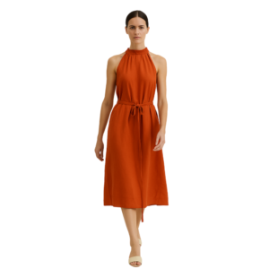 “Orange halter neck dress women – pleated & drawstring waist – Jhanvi Fashion”