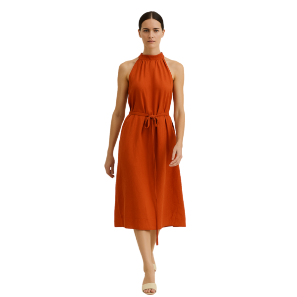 “Orange halter neck dress women – pleated & drawstring waist – Jhanvi Fashion”