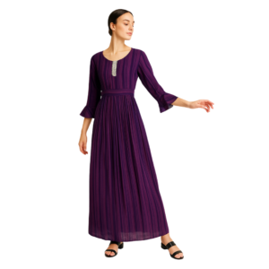 “Purple striped midi dress women – gathered waist ruffled sleeves – Jhanvi Fashion”