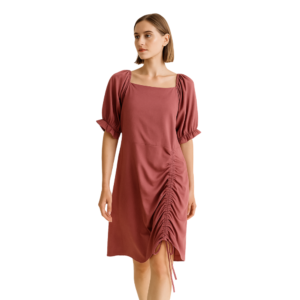 “Ruched pink dress women – square neckline & puff sleeves – Jhanvi Fashion”