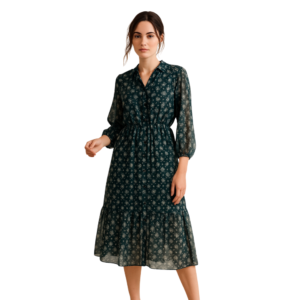 “Dark green tiered floral dress with three-quarter sleeves – Jhanvi Fashion”