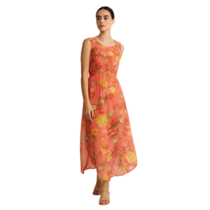 “Peach floral maxi dress women – flowing sleeveless maxi – Jhanvi Fashion”