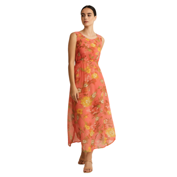 “Peach floral maxi dress women – flowing sleeveless maxi – Jhanvi Fashion”