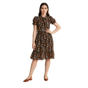 “Brown floral chiffon dress women – ruffled vintage style – Jhanvi Fashion”