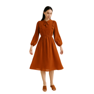“Soft brown textured dress with puff sleeves women – Jhanvi Fashion”