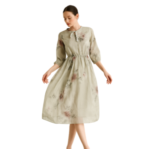 “Beige floral ruffled dress women – puff sleeves & bow-tie neckline – Jhanvi Fashion”