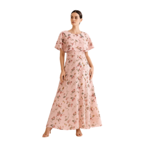 “Light pink vintage floral chiffon dress women – ruffled neckline & tiered skirt – Jhanvi Fashion”