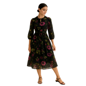 “Black vintage floral chiffon dress women – ruffled neckline – tiered skirt – Jhanvi Fashion”