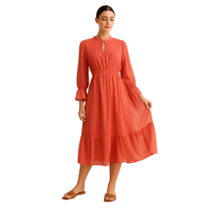 “Orange vintage pleated midi chiffon dress women – Jhanvi Fashion”