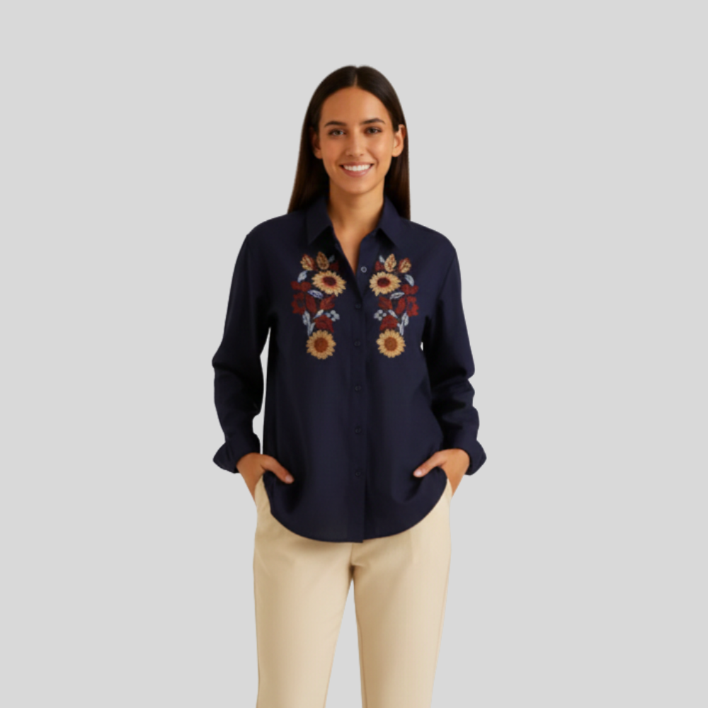 Stylish And Edgy Denim Shirt With Floral Embroidery - Image 2