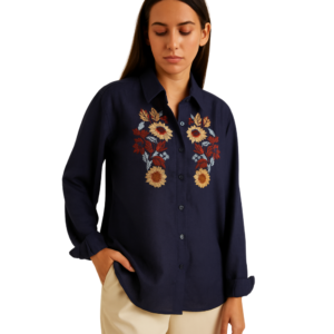 “Denim shirt women with floral embroidery – edgy denim top – Jhanvi Fashion”