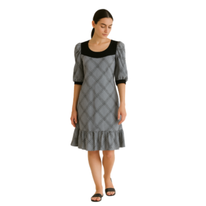 “Blue & black plaid mock neck dress women – puffed sleeves & ruffled hem – Jhanvi Fashion”