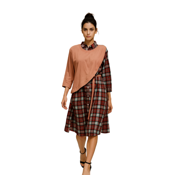 Trendy Chic Plaid Dress With Peach Overlay