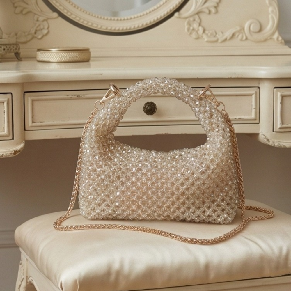 Champagne Glow Crystal Beaded Luxe Shoulder Handbag