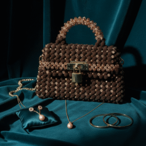 Aurora Luxe Beaded Lock Handbag – Chocolate Brown