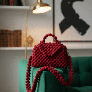 Crimson Velvet Pom Beaded Luxury Mini Handbag